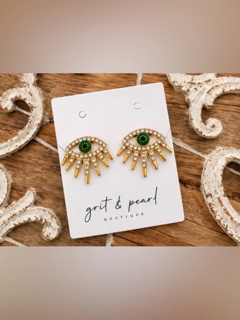 Green Evil Eye Rhinestone Gold-Tone Statement Stud Earrings